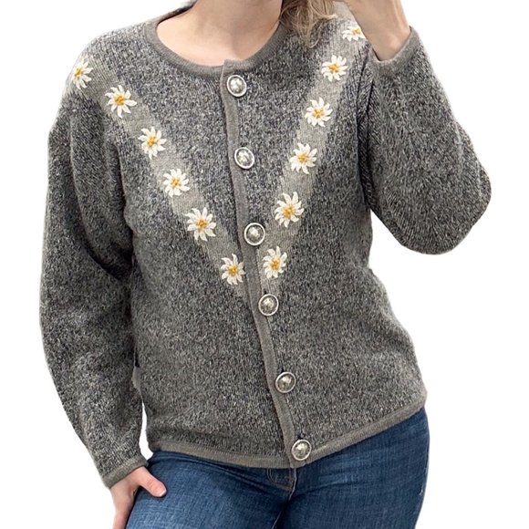 Vintage Country Blue Wool Blend Daisy Print Cardigan in Gray Women's Size M - Picture 3 of 17